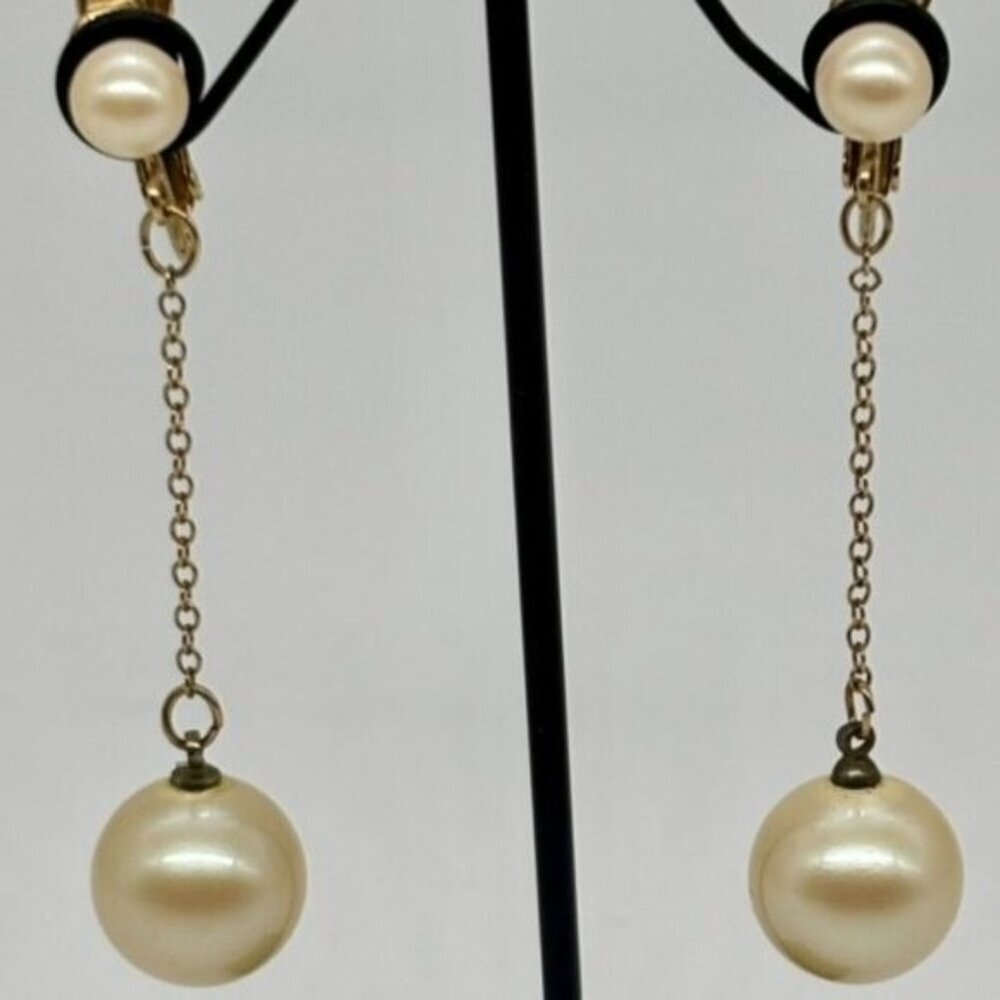 Vintage Earrings Dangling 13mm Faux Pearls, Gold Tone Chain, Screw and Clip Back